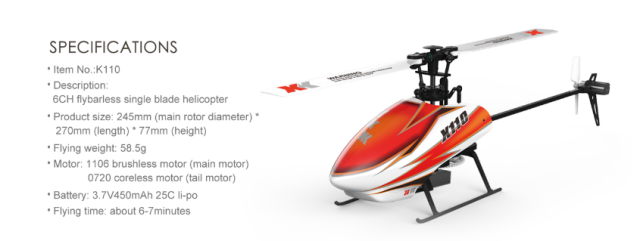 200g以下 小型ヘリコプター XK BLAST K110 6CH 3D6Gシステムヘリコプター プロポレスキット FUTABA S-FHSS対応